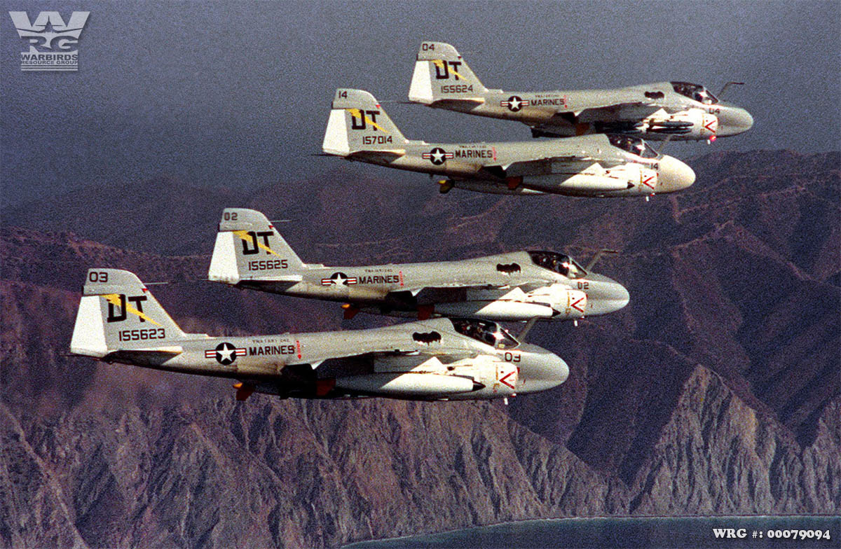 A-6A Intruders Bu. 155624/DT-04, 157014/DT-14, 155625/DT-02, 155623/DT-03 of VMA (AW)-242 in 1975.